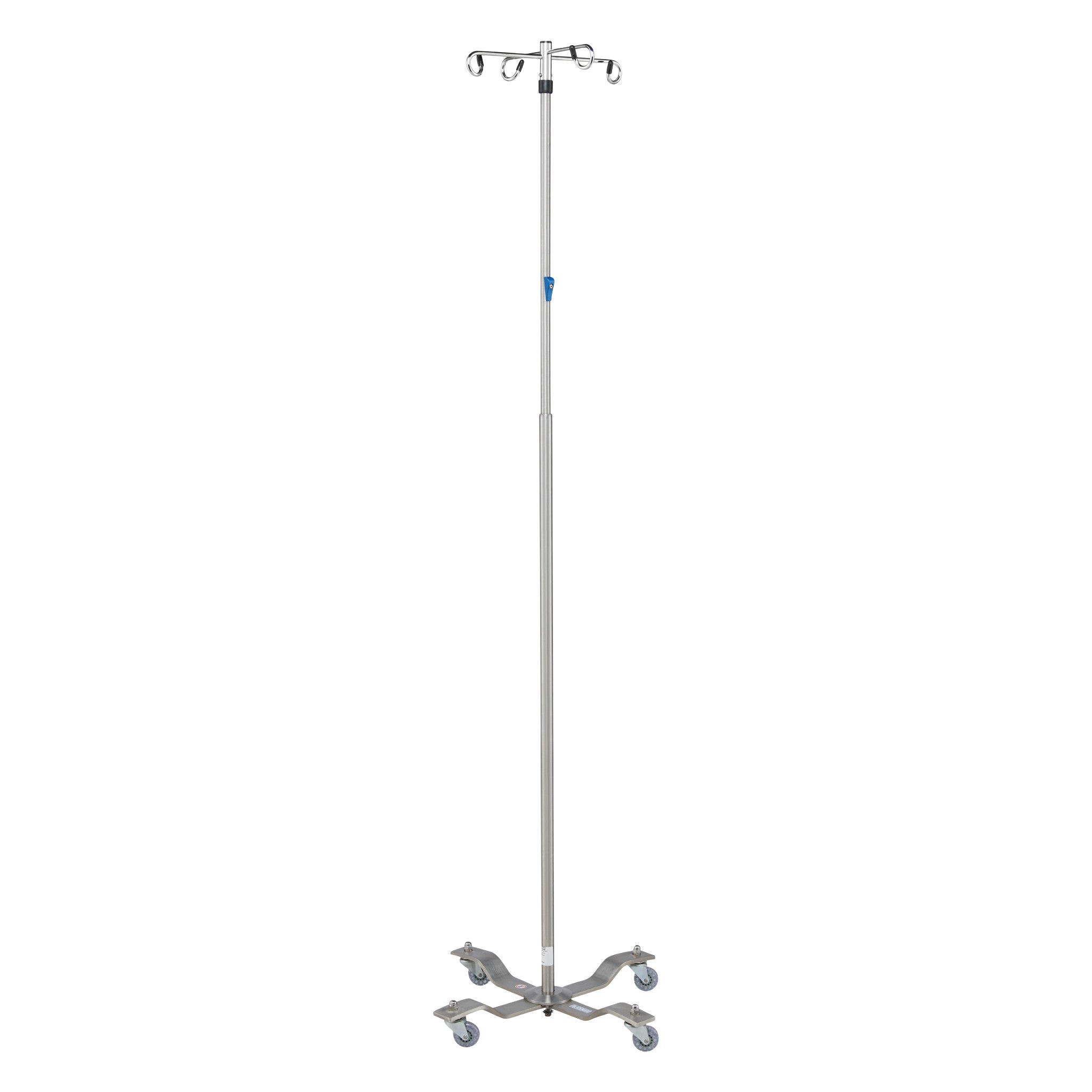 Blickman Four-Leg Stainless Steel IV Stand with Heavyweight Base, featuring a sturdy frame and four caster wheels for mobility.