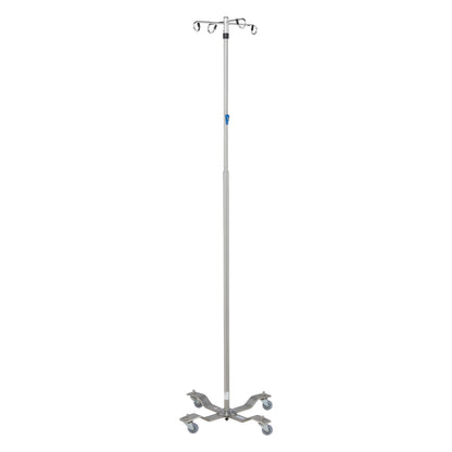 Blickman Four-Leg Stainless Steel IV Stand with Heavyweight Base, featuring a sturdy frame and four caster wheels for mobility.