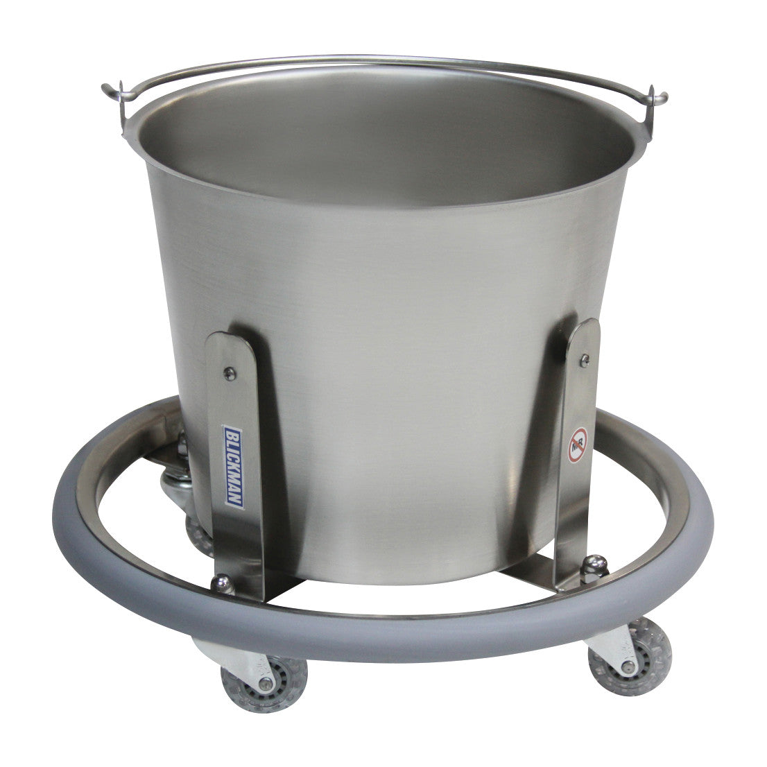 Blickman Stainless Steel Lenox Kickbucket with Pail featuring a stainless steel bucket with a handle, mounted on a wheeled base.