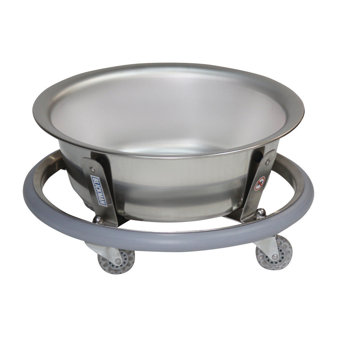 Blickman Stainless Steel Sponge Receptacle with Basin on wheels, featuring a stainless steel basin and a gray bumper ring.