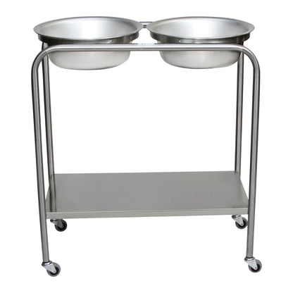 Blickman Double Basin Solution Stand with two stainless steel basins, a lower shelf, and four caster wheels.