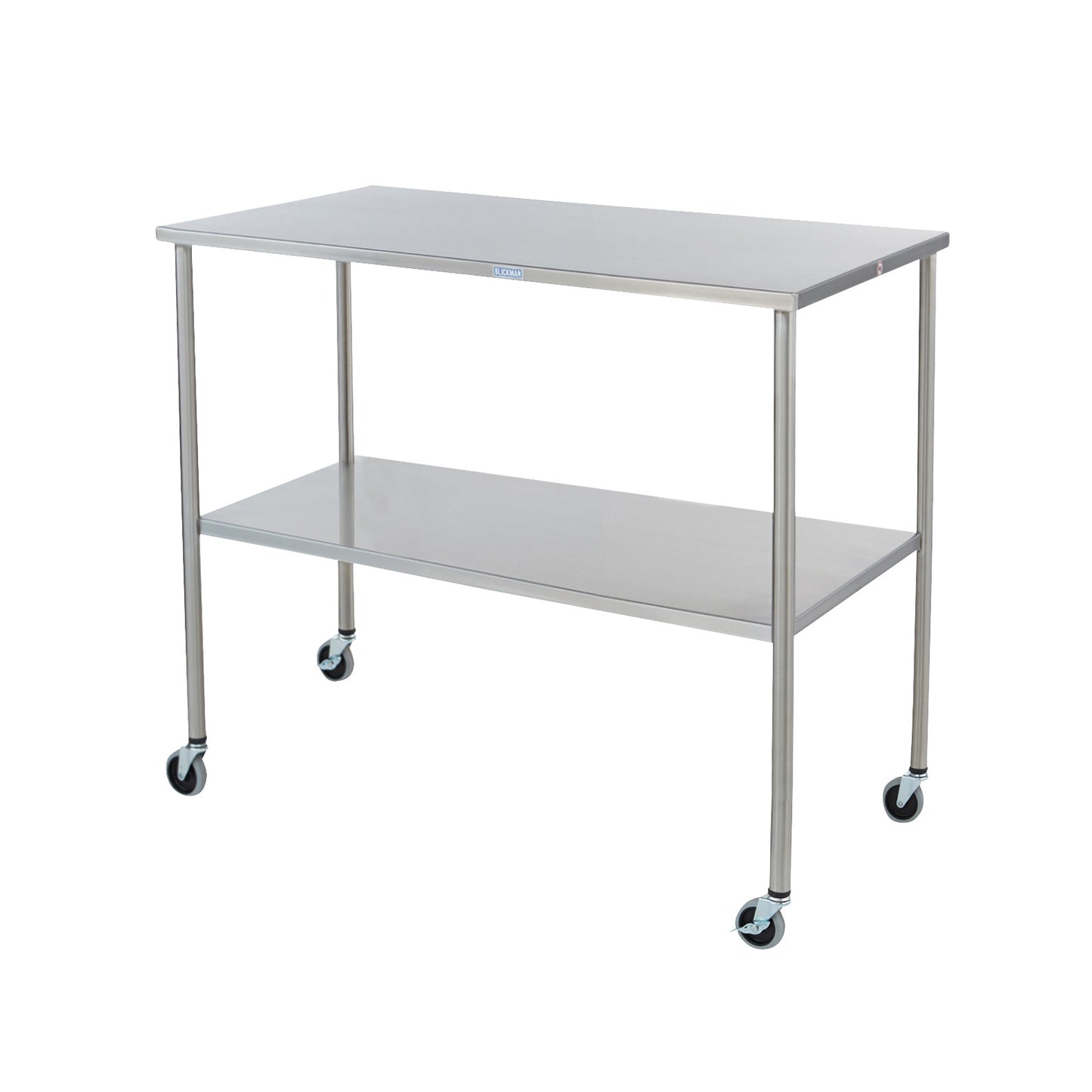 The Blickman Howard Instrument Table is a stainless steel table with two shelves and four wheels for mobility.