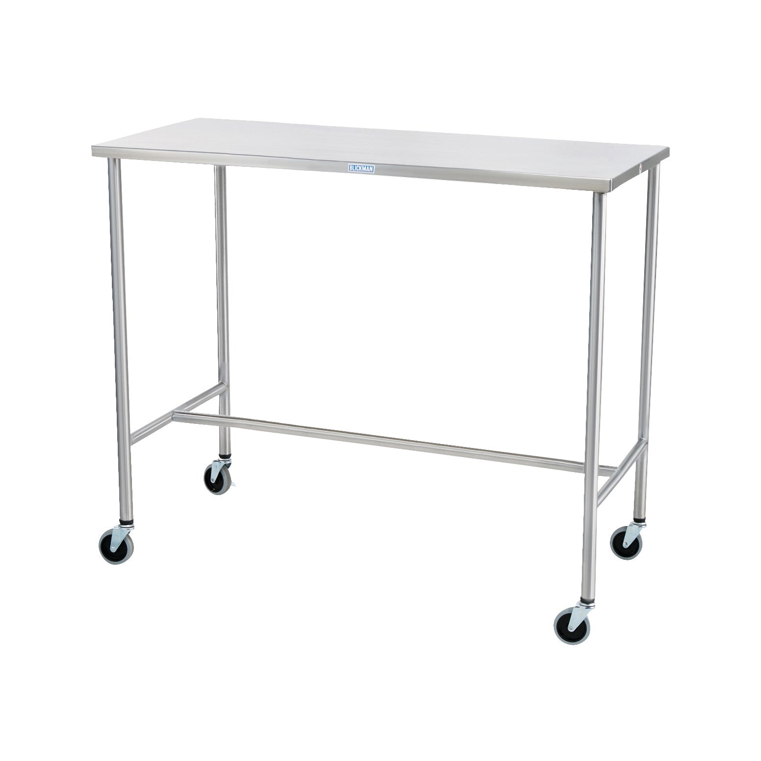 A Blickman Sawyer Instrument Table with a stainless steel top, four wheeled legs, and a simple crossbar support design.