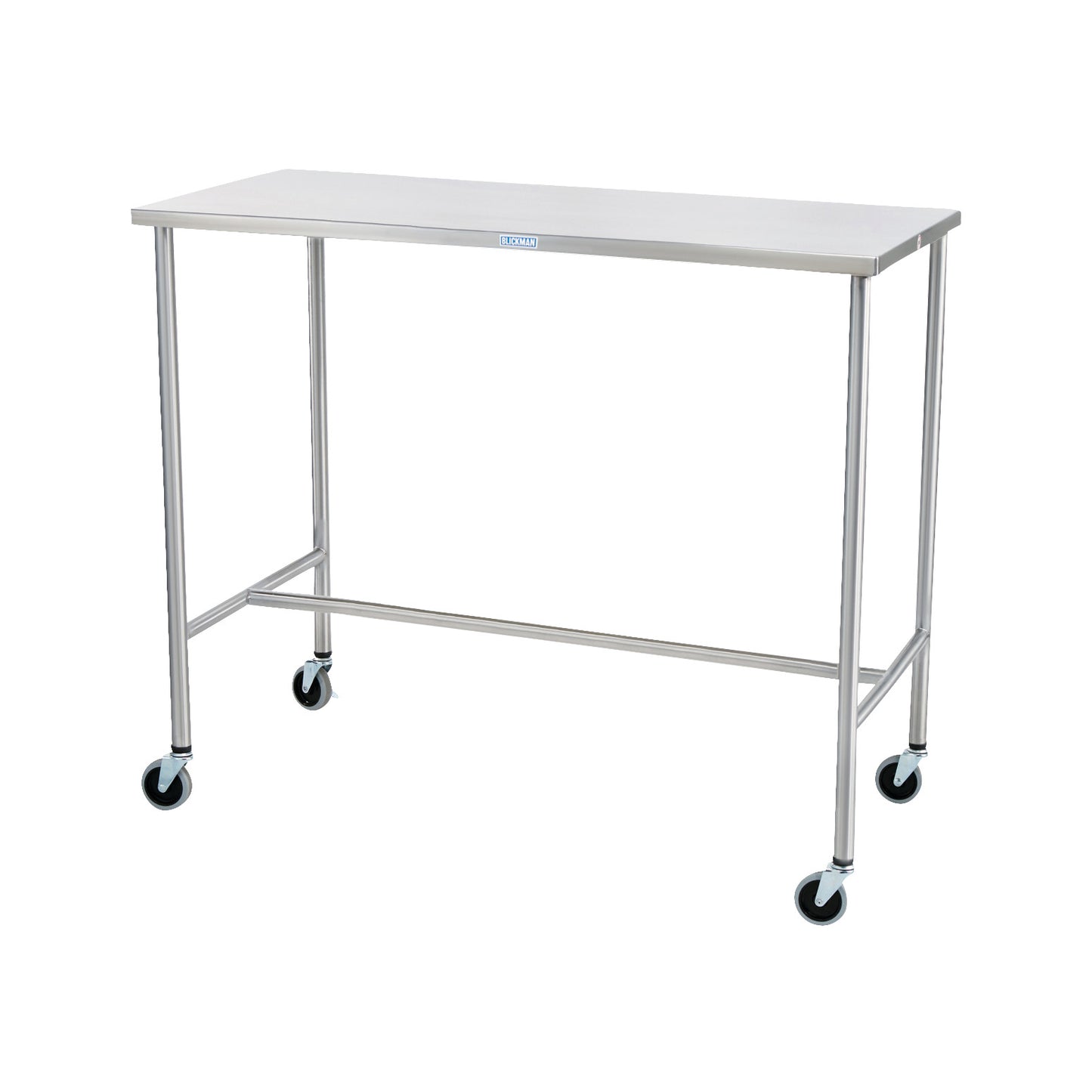 A Blickman Sawyer Instrument Table with a stainless steel top, four wheeled legs, and a simple crossbar support design.