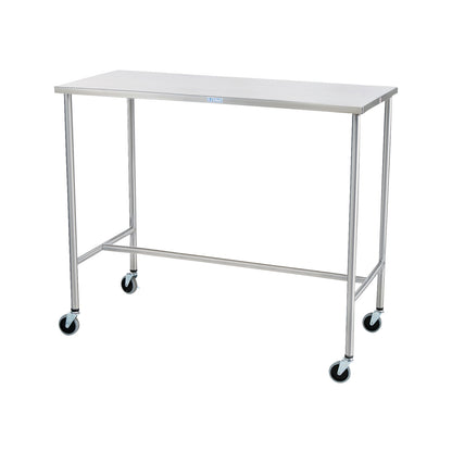 A Blickman Sawyer Instrument Table with a stainless steel top, four wheeled legs, and a simple crossbar support design.