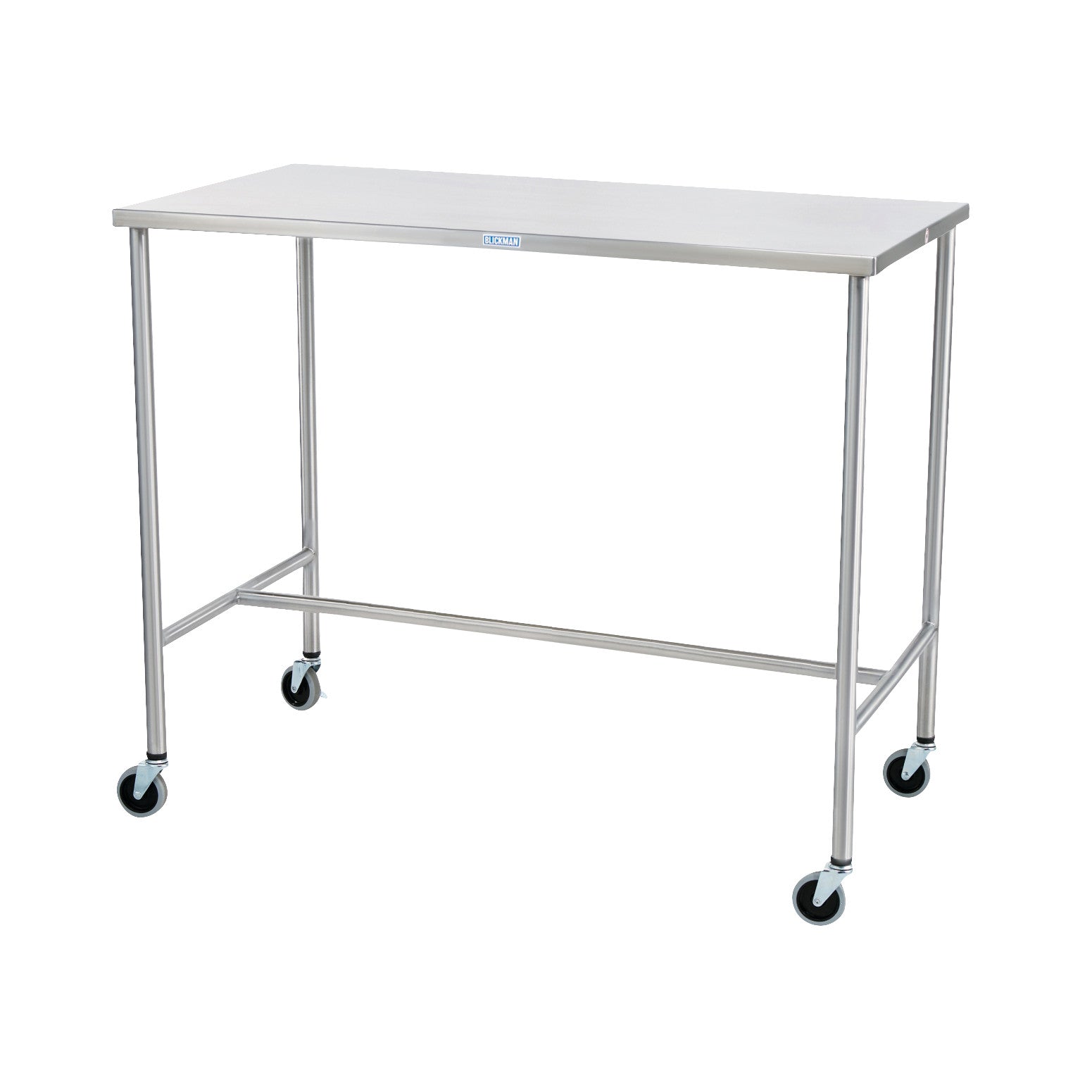A Blickman Sawyer Instrument Table with a stainless steel top, slender legs, and four caster wheels for mobility.