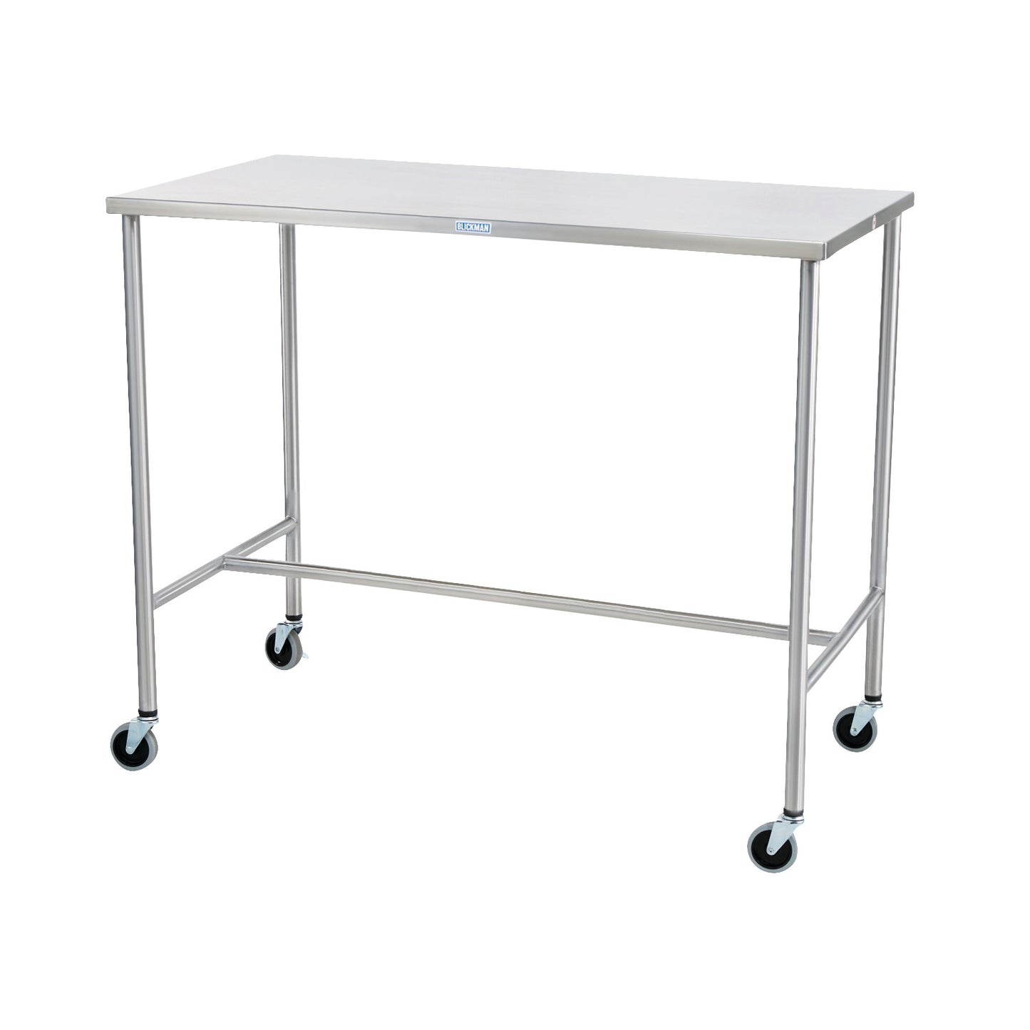 A Blickman Sawyer Instrument Table with a stainless steel top, slender legs, and four caster wheels for mobility.