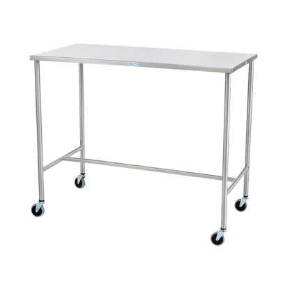 A Blickman Sawyer Instrument Table with a stainless steel top, slender legs, and four caster wheels for mobility.