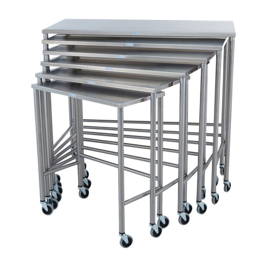 Six stainless steel Blickman Nested Instrument Tables are stacked, showing various sizes, each on wheels for mobility.