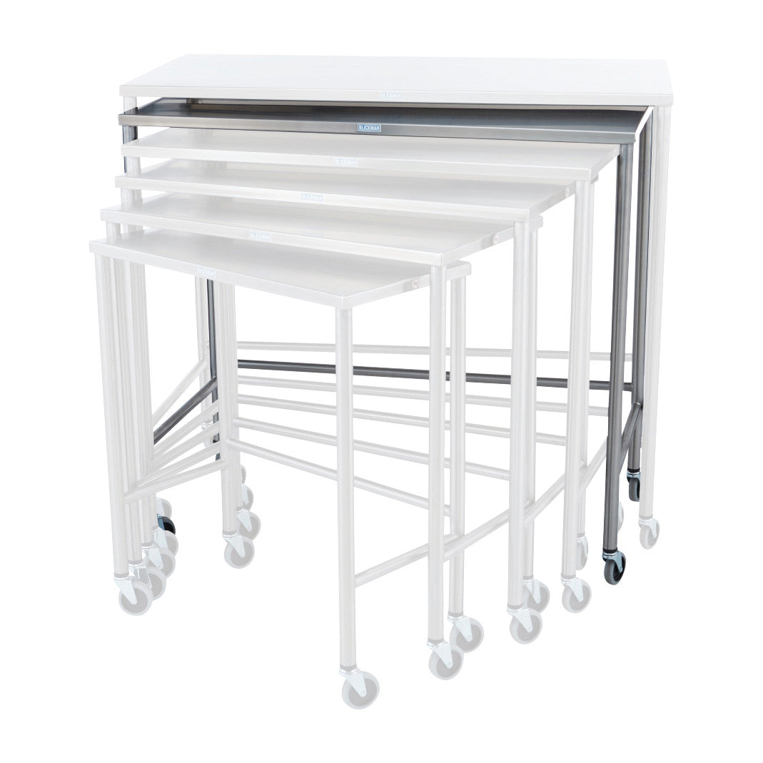 Blickman Nested Instrument Table, Single Table, featuring a set of white, stackable tables on wheels, in descending sizes.