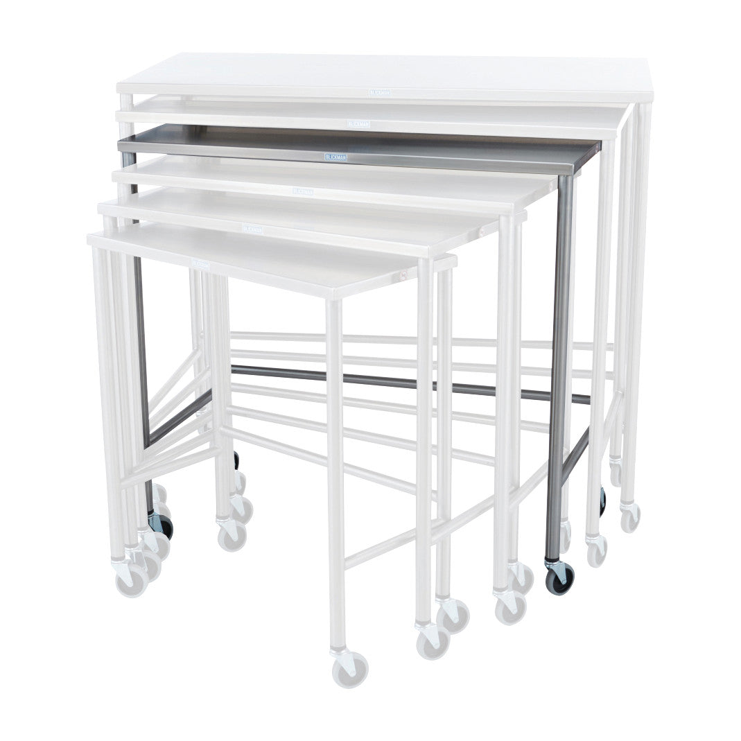 Five Blickman Nested Instrument Tables, Single Table in varying sizes, nested together on wheeled legs with white and metal finishes.