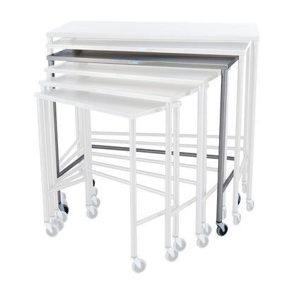 Five Blickman Nested Instrument Tables, Single Table in varying sizes, nested together on wheeled legs with white and metal finishes.