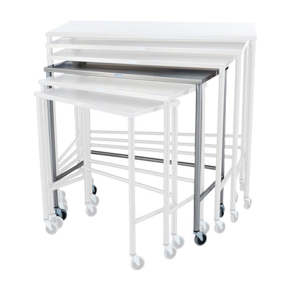 Set of Blickman Nested Instrument Tables, Single Table shown. They are white, rectangular, and have wheels for mobility.