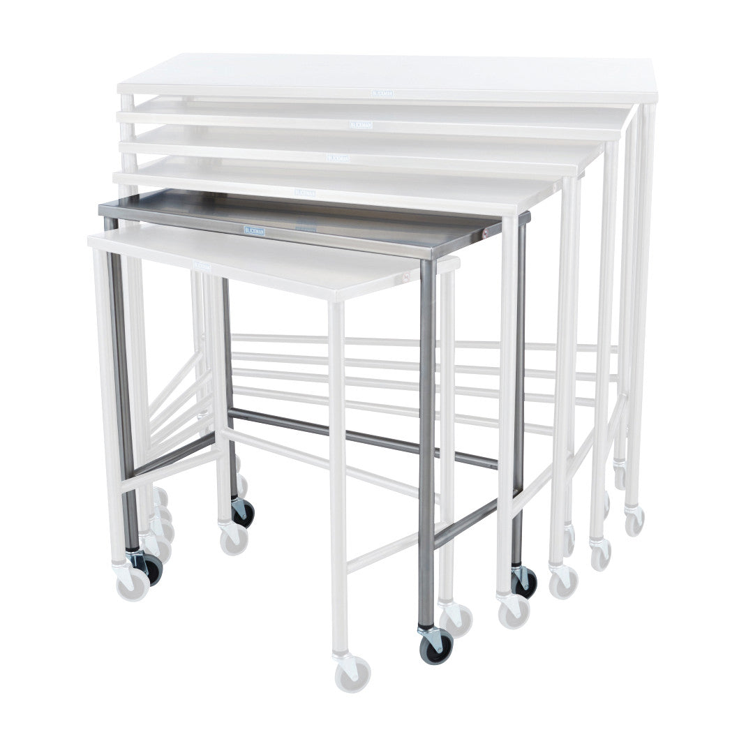 Blickman Nested Instrument Table, Single Table, featuring multiple stacked metal tables on wheels for easy storage and mobility.