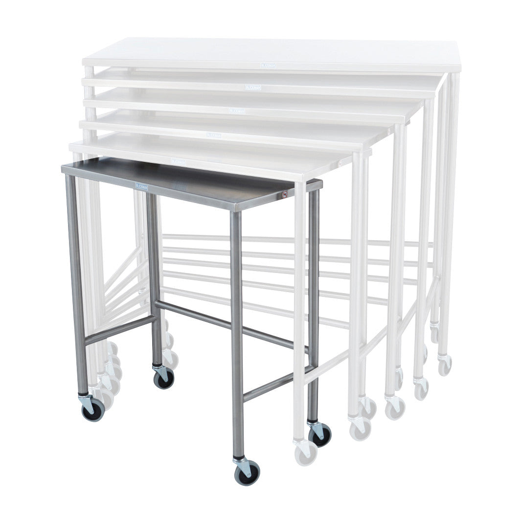 Blickman Nested Instrument Table, Single Table, features a metal tabletop with wheeled legs, shown with nested white tables.