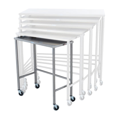 Blickman Nested Instrument Table, Single Table, features a metal tabletop with wheeled legs, shown with nested white tables.