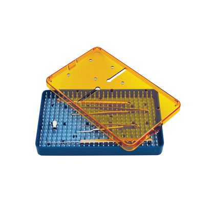 A blue PST Plastic Instrument Sterilization Tray with a transparent orange lid, containing various medical instruments.