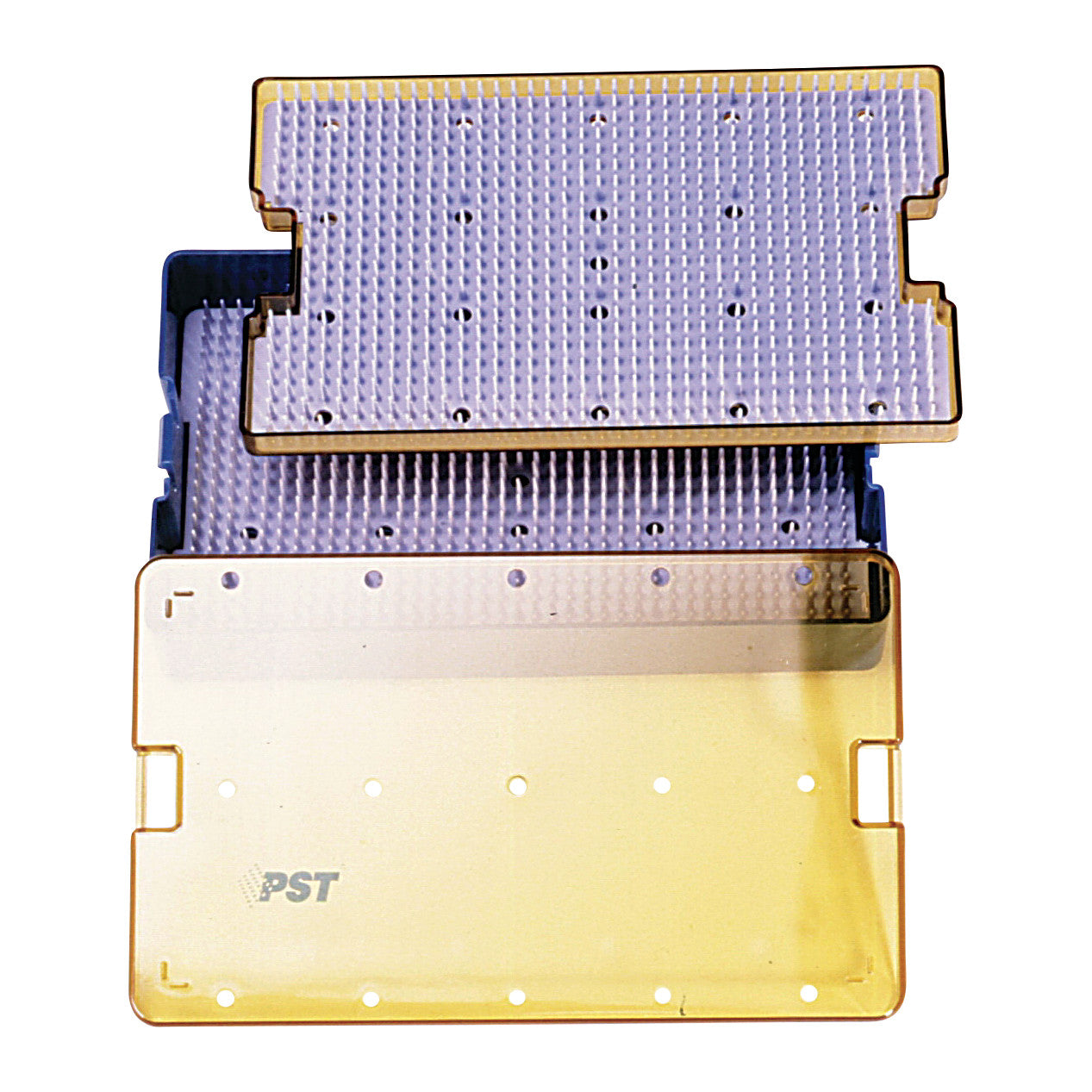 PST Plastic Instrument Sterilization Tray with Insert featuring a yellow transparent lid and a perforated, textured surface.