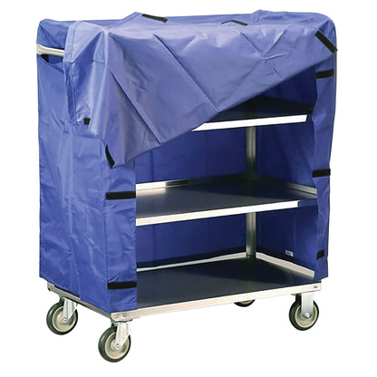 Lakeside 4-Shelf Stainless Steel Linen Cart with a blue cover, partially open, showing empty stainless steel shelves and wheels.