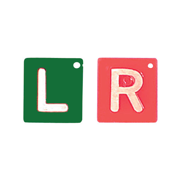 Two Polycarbonate Left or Right X-Ray Markers, one green with "L" and one red with "R," each with a hole in the corner.