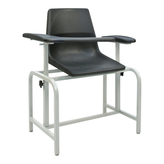 A Winco Blood Drawing Chair with a black seat and armrests supported by a white metal frame, designed for medical settings.