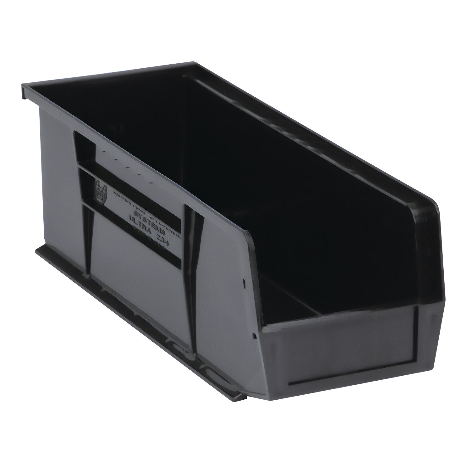 A black Quantum Ultra Stack and Hang Bin with an open front and reinforced sides for storage and organization.