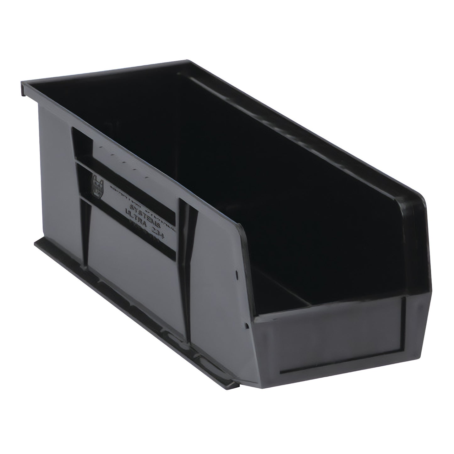 A black Quantum Ultra Stack and Hang Bin with an open front and reinforced sides for storage and organization.