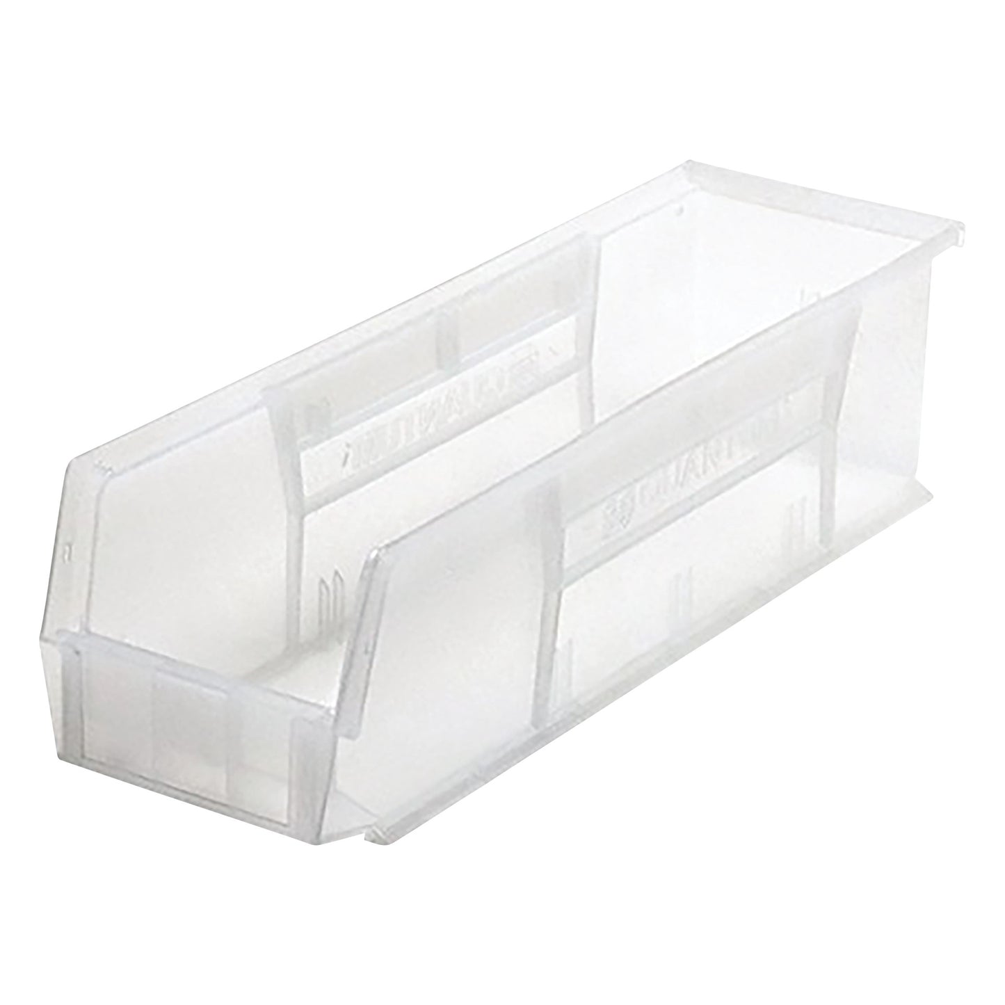 Clear plastic Quantum Ultra Stack and Hang Bin, rectangular, with a partially open front for easy access.