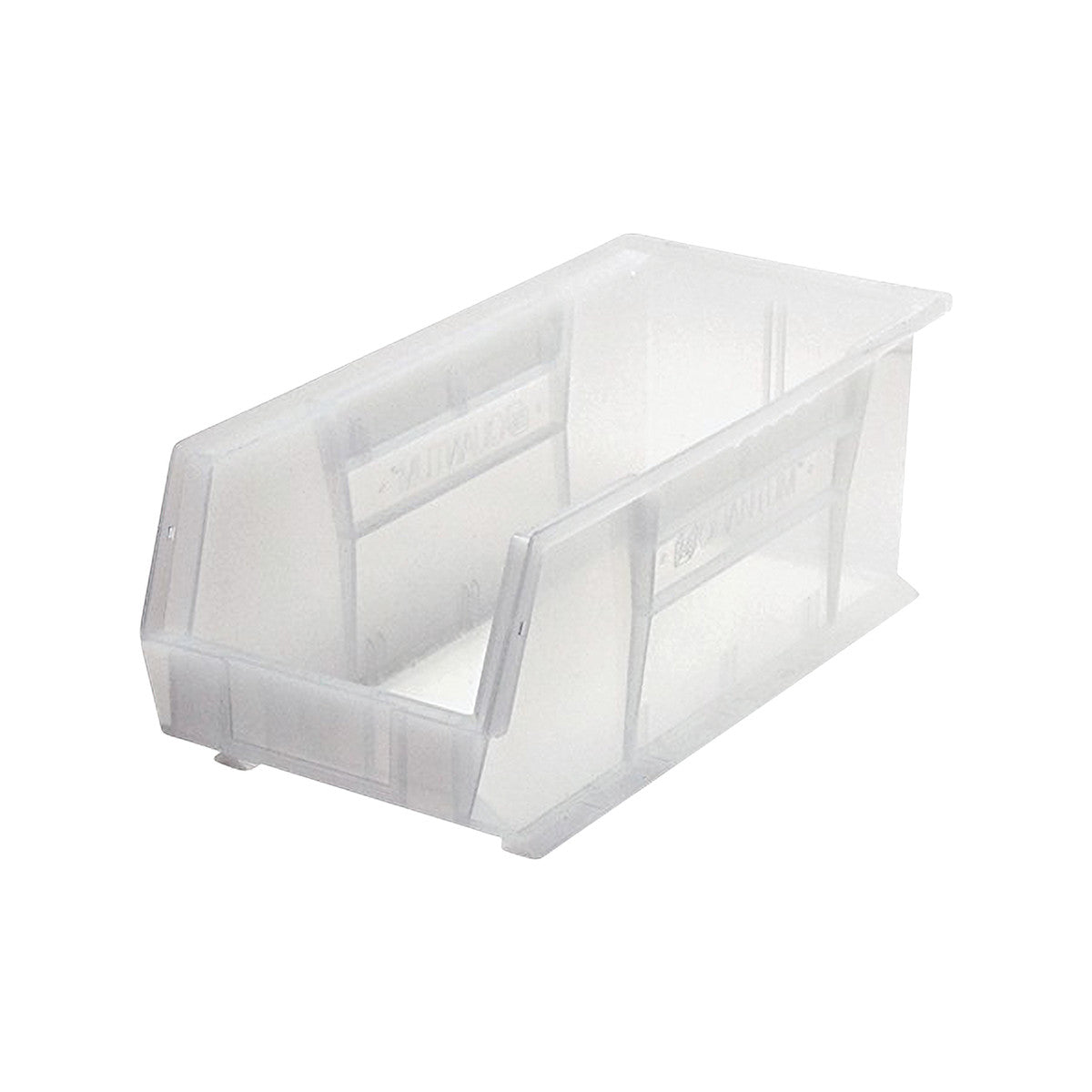 Transparent plastic storage bin with open front and stackable design. Labeled "Quantum Ultra Stack and Hang Bin."