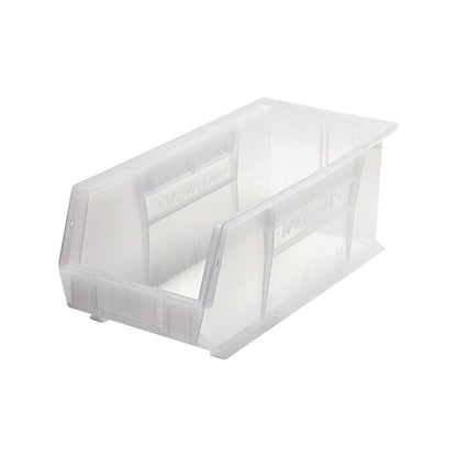 Transparent plastic storage bin with open front and stackable design. Labeled "Quantum Ultra Stack and Hang Bin."
