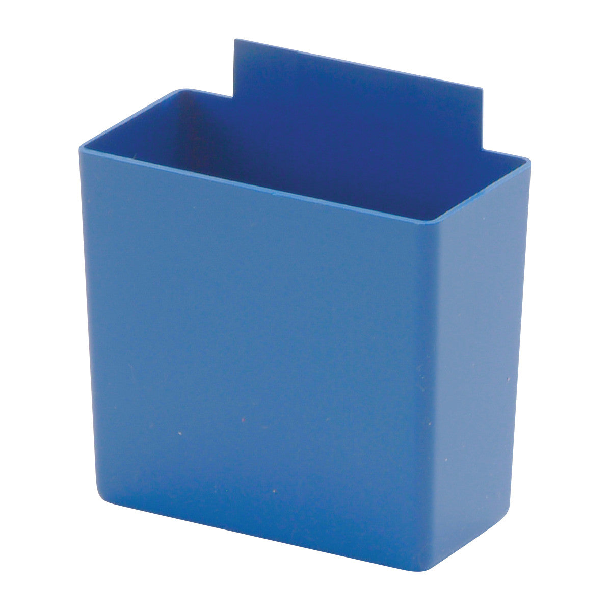 Blue plastic "Bin Cup for Quantum Economy Shelf Bin" with rectangular shape and extended back tab for attachment.