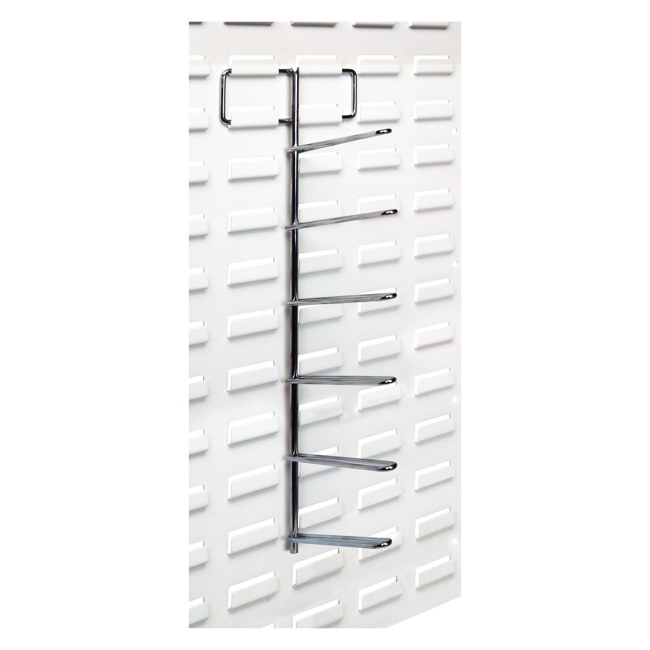 Tape/Reel Holder for Quantum Solid Louvered Panel, featuring a metal rack with multiple prongs mounted on a white panel.