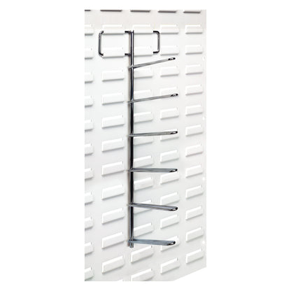 Tape/Reel Holder for Quantum Solid Louvered Panel, featuring a metal rack with multiple prongs mounted on a white panel.