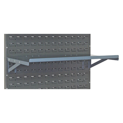 A gray Flat Shelf for Quantum Solid Louvered Panel, mounted on a louvered panel with evenly spaced slots.