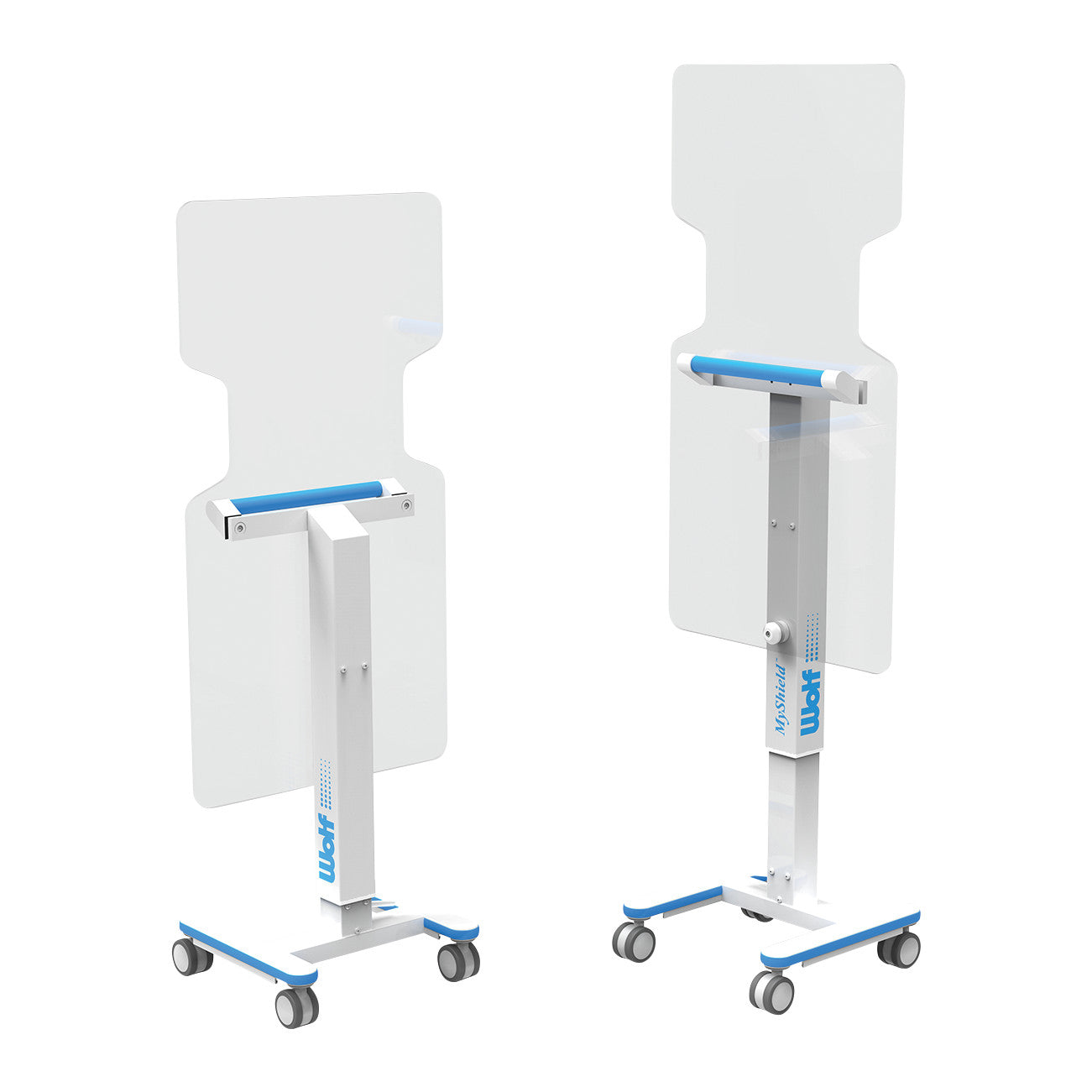 Two Wolf MyShield Mobile Barriers with blue handles and wheels, designed for easy maneuverability and protection.