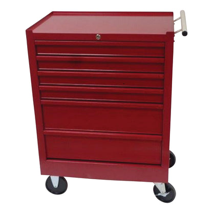 Red AliMed 6-Drawer Economy Treatment Cart with Push Handle, featuring six drawers and four wheels for mobility.