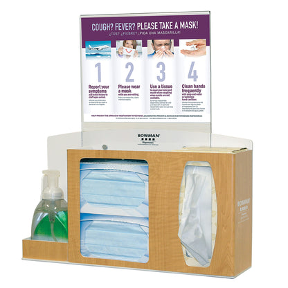 The Bowman Basic Counter/Wall Hygiene Center holds hand sanitizer, face masks, and tissues, with a health advisory sign on top.