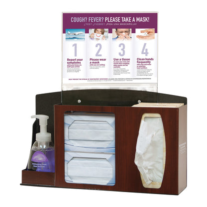 Bowman Basic Counter/Wall Hygiene Center with hand sanitizer, masks, tissues, and a sign instructing on hygiene practices.