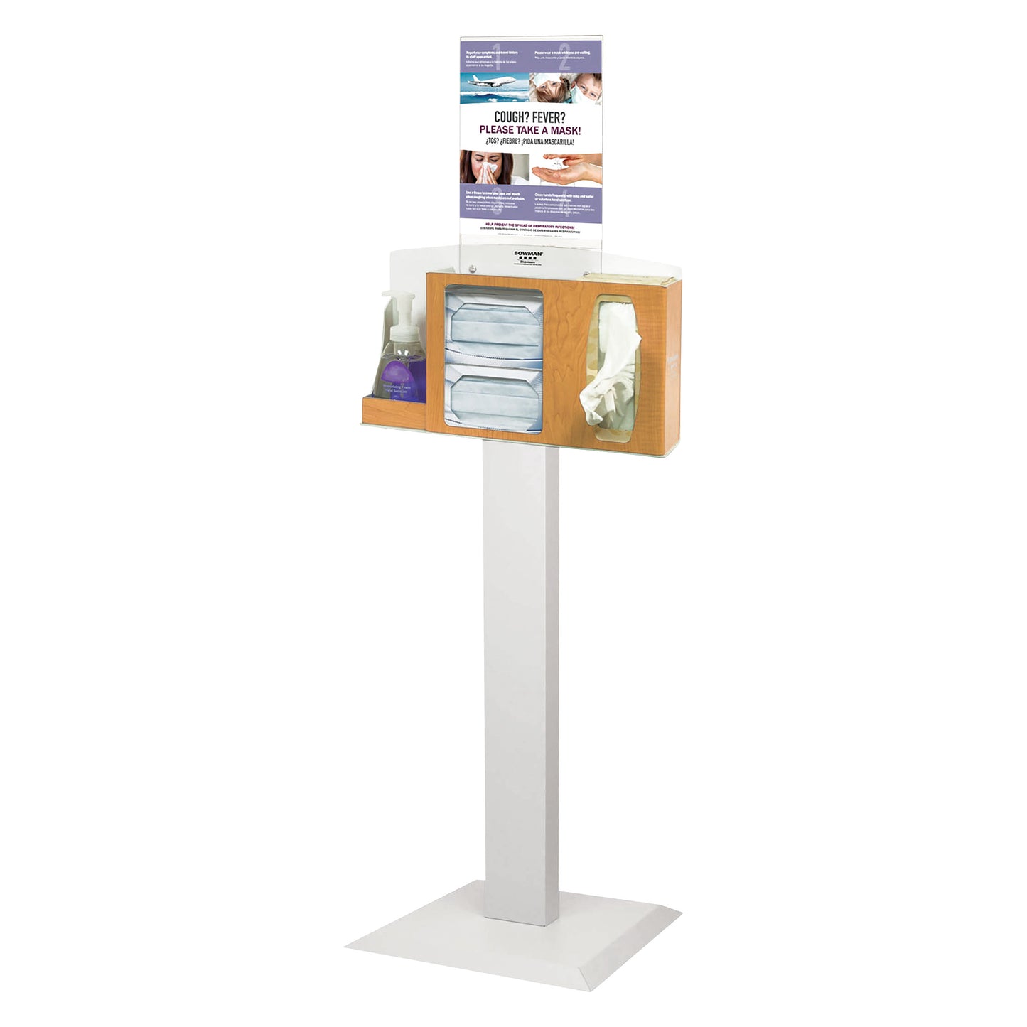 The Bowman Basic Free-Standing Hygiene System includes hand sanitizer, face masks, and gloves with health advisory signage.