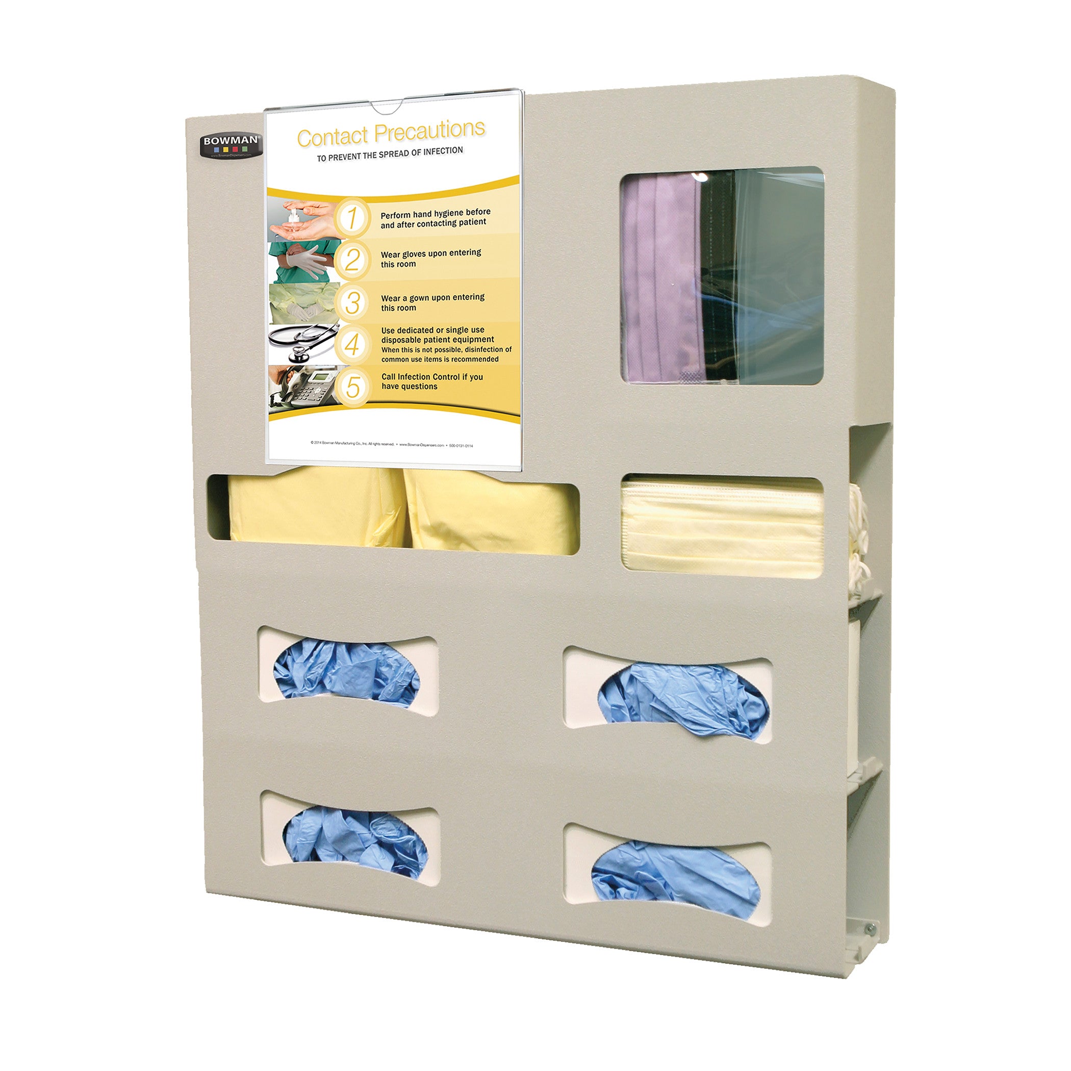 The Bowman Quad-Glove Single-Gown ADA-Compliant Isolation Station holds gowns, gloves, and masks, with a contact precautions sign.