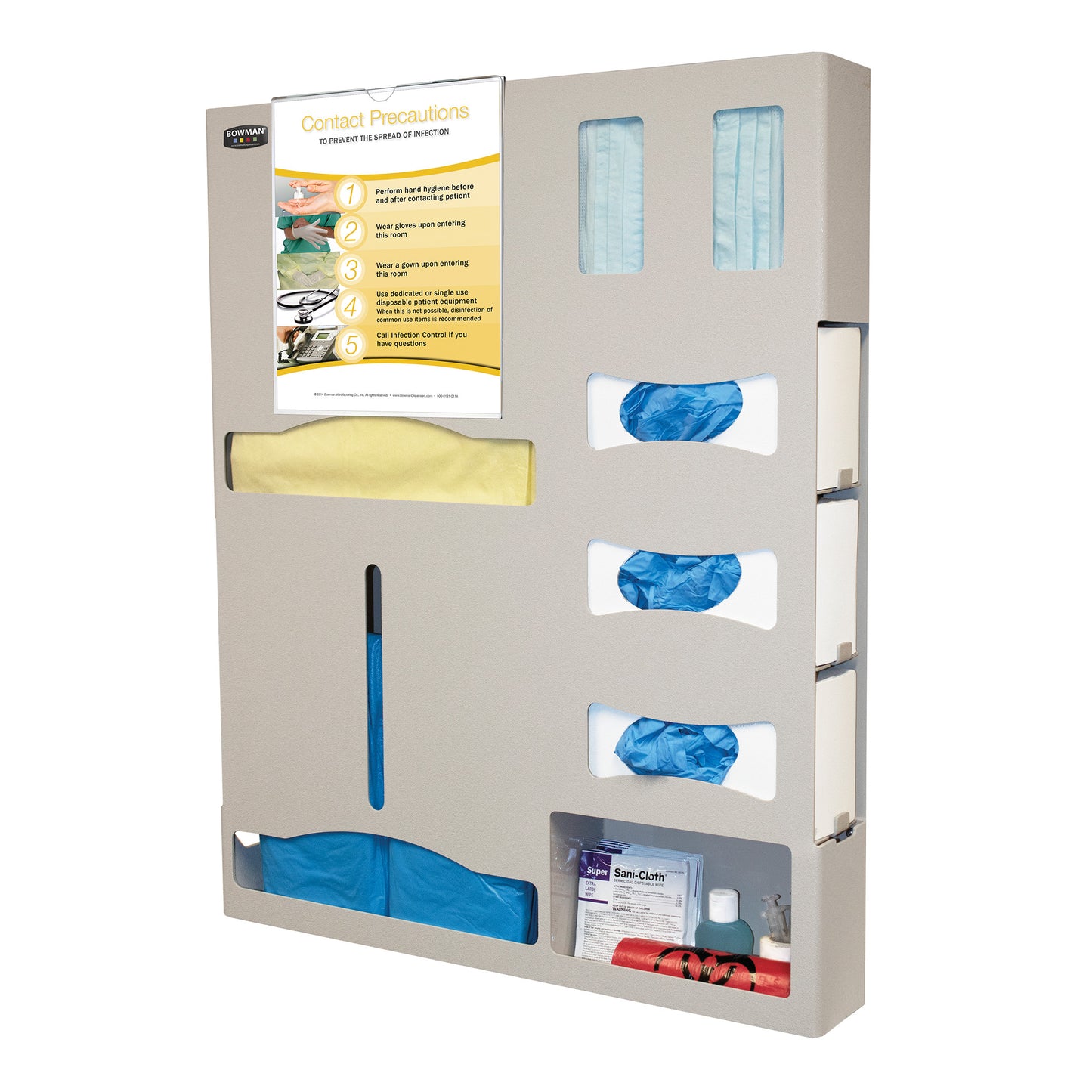 ADA-compliant Bowman Tri-Glove Double-Gown Isolation Station with labeled compartments for gloves, gowns, and sanitizing supplies.