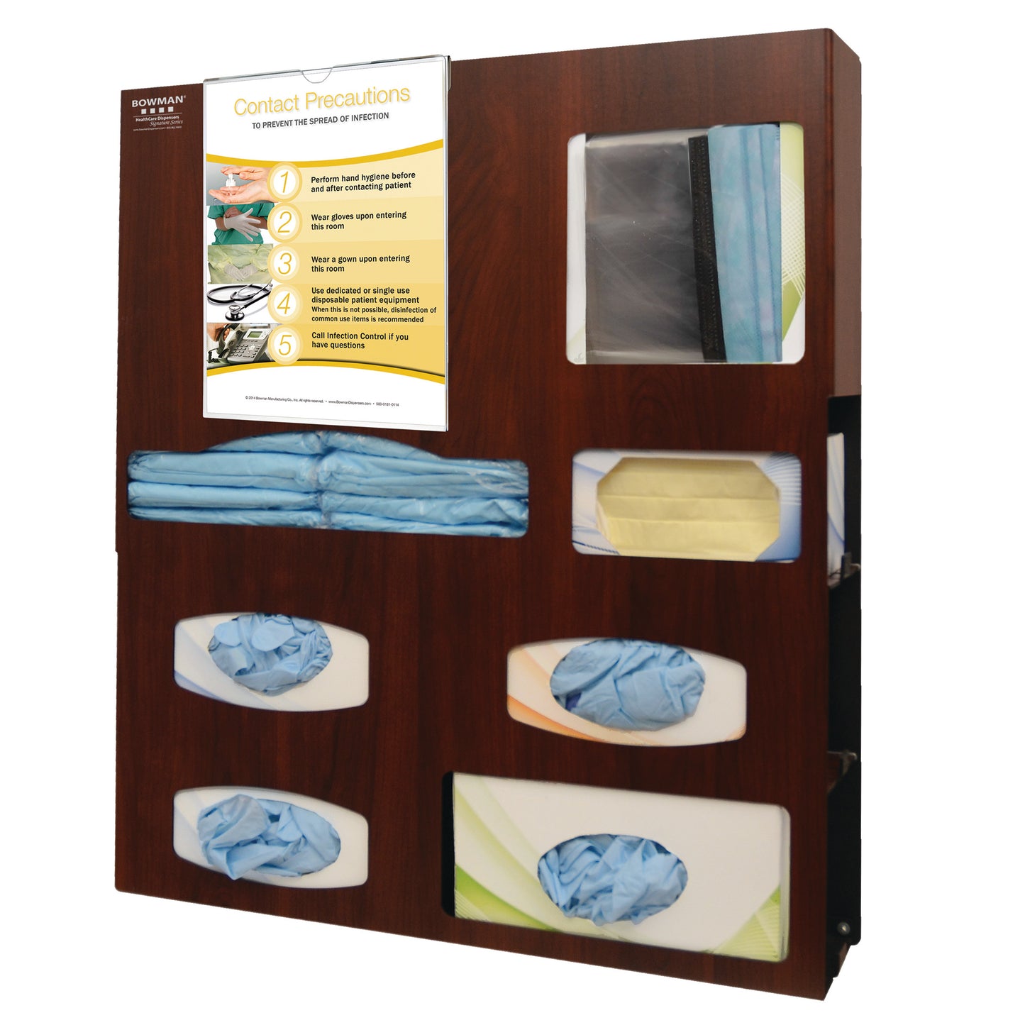 Bowman Tri-Glove Single-Gown ABS Isolation Station with compartments for gloves, gowns, and a contact precautions sign.