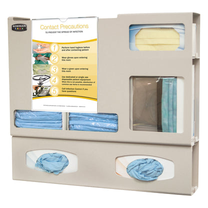 Bowman Double-Glove Single-Gown ABS Isolation Station with compartments for masks, gloves, and gowns, featuring contact precautions info.