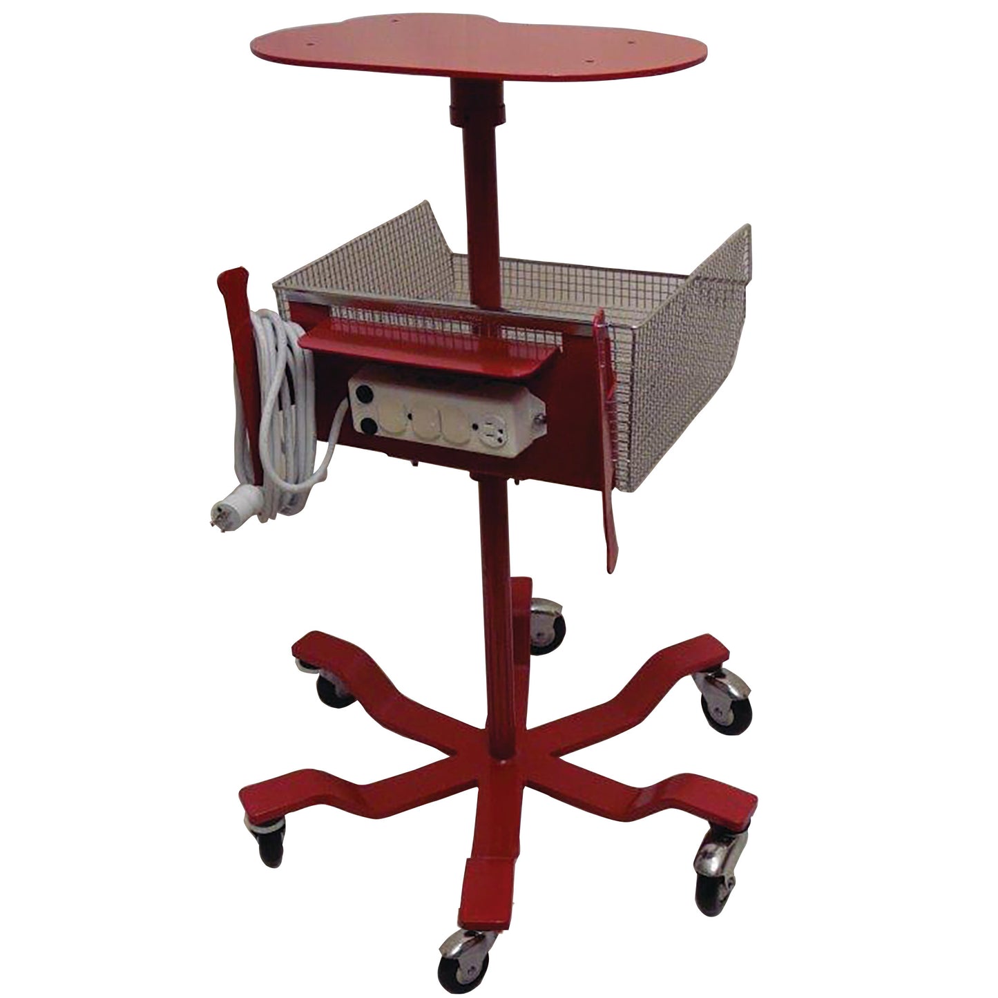 Red mobile storage cart for Penumbra Thrombectomy System with a wire basket, power outlets, cable, and five caster wheels.