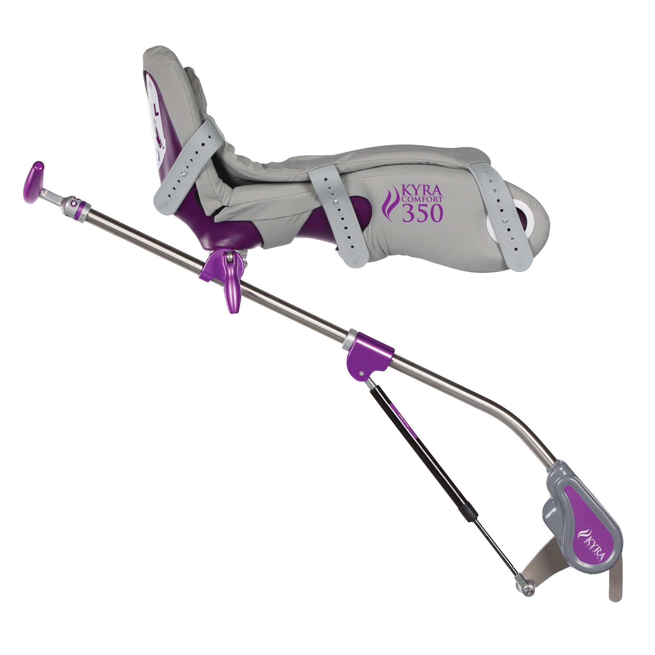 KYRA Comfort 350 Lithotomy Stirrup with Secure-Lok Straps, featuring metal components and padded gray support in purple accents.