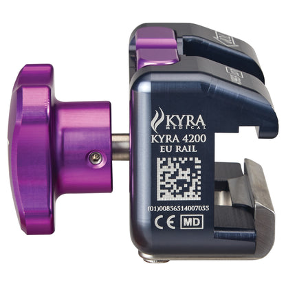 Kyra Secure-Release Clamp for EU Surgical Table Side Rail, featuring a purple knob and QR code, by Kyra Medical.