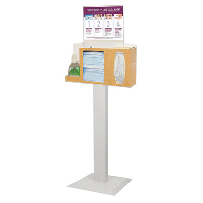 The Bowman Basic Free-Standing Hygiene System includes masks, tissues, and sanitizer on a stand with instructional signage.