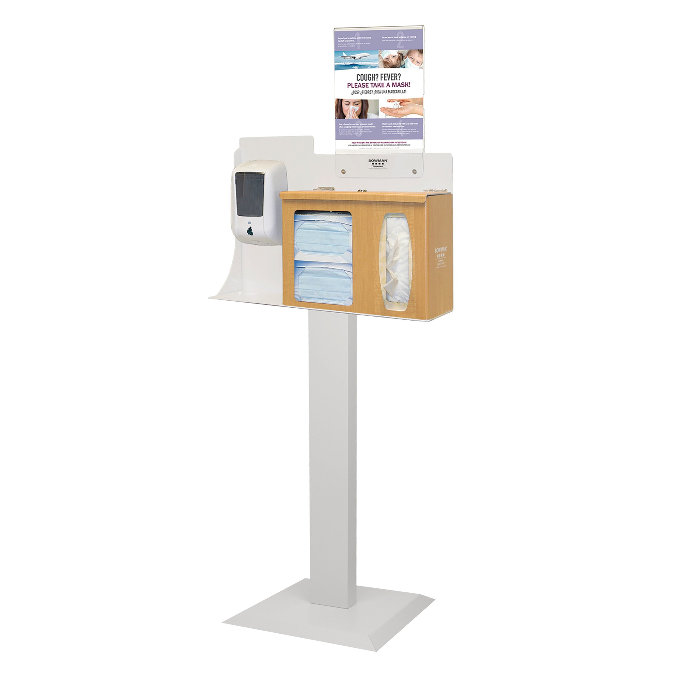 A Bowman Locking Touchless Free-Standing Hygiene System with sanitizer dispenser, mask holder, and sign display on a stand.