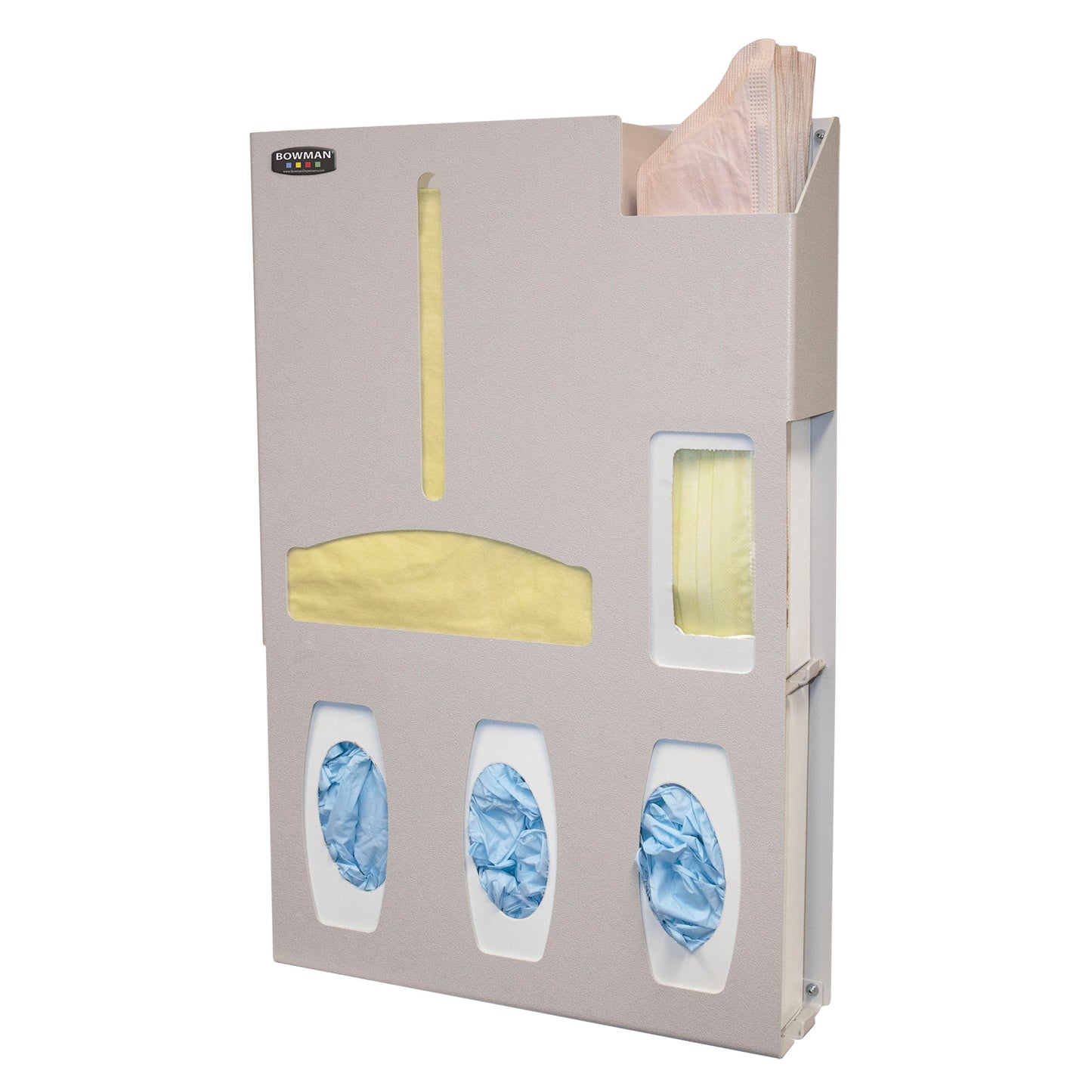 Wall-mounted Bowman Tri-Glove Single-Gown ABS ADA-Compliant Isolation Station, featuring compartments for gloves and gowns.