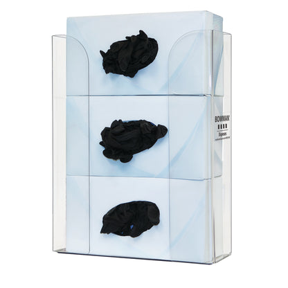 The Bowman Top-Loading Triple Glove Box Dispenser holds three boxes of gloves, each dispensing black gloves.